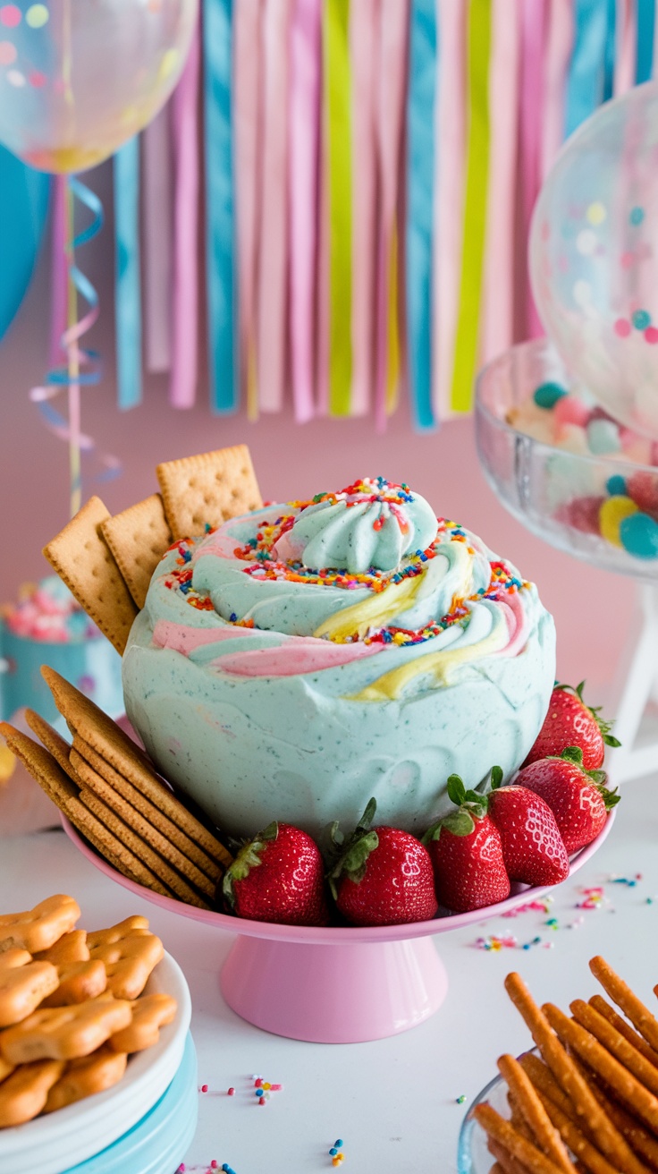 A colorful Funfetti dip with sprinkles, surrounded by graham crackers and strawberries on a festive dessert table.